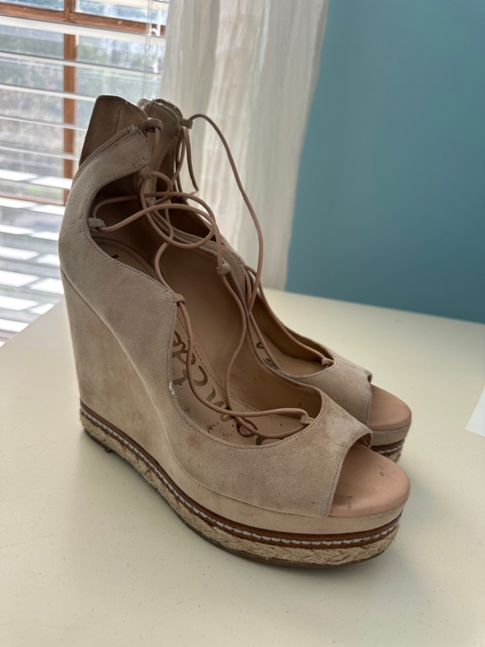Sam Edelman Lace-Up Peep-Toe Wedge Sandals in Beige
